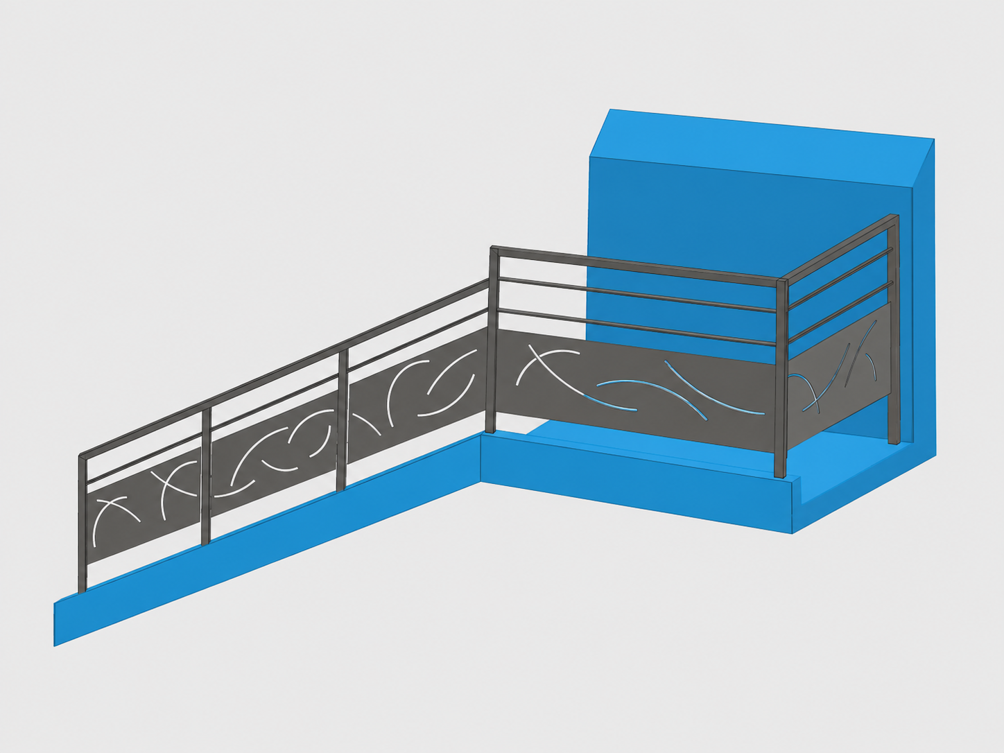 Vue 3D de validation du garde-corps sur mesure avec retour de palier et motifs courbes